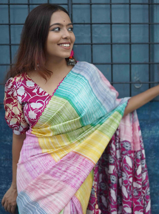 Multi Color Brush Painting | Lotus Block Printed Bishnupuri Silk Saree-Vertical