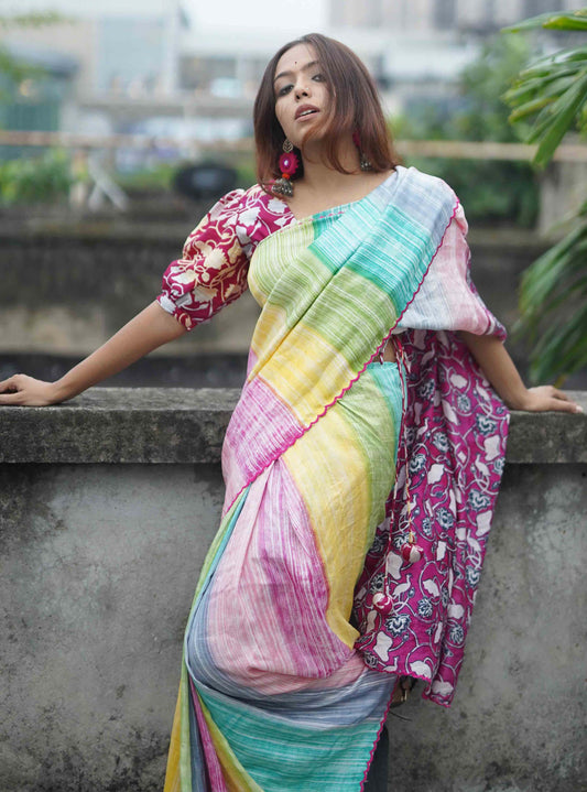 Multi Color Brush Painting | Lotus Block Printed Bishnupuri Silk Saree-Vertical