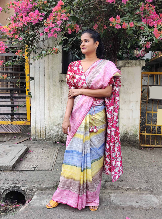 Multi Color Brush Painting | Lotus Block Printed Bishnupuri Silk Saree-Horizontal