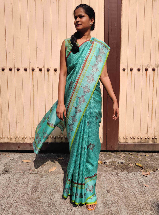Teal- Blue Chevron | Lotus Wood Block Print Murshidabad Silk Saree