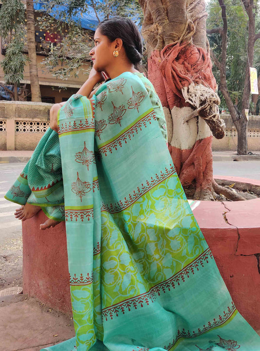 Teal- Blue Chevron | Lotus Wood Block Print Murshidabad Silk Saree