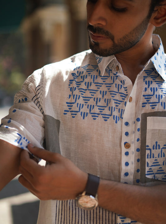 White Blockprint Men Shirt