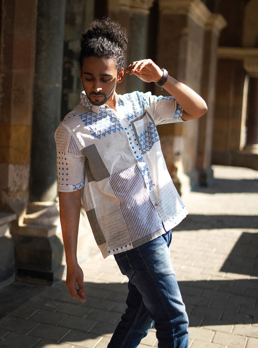 White Blockprint Men Shirt