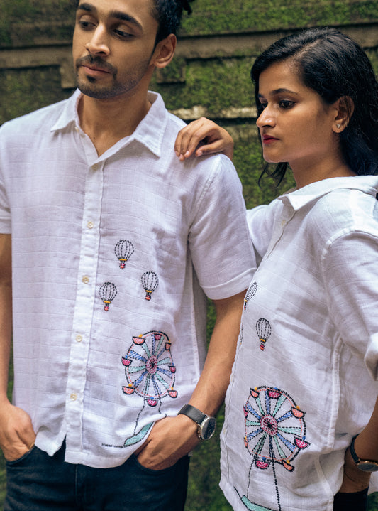 White Hand Embroidered Ferris Wheel Motif Shirt