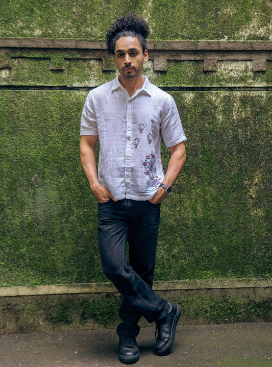 White Hand Embroidered Ferris Wheel Motif Shirt