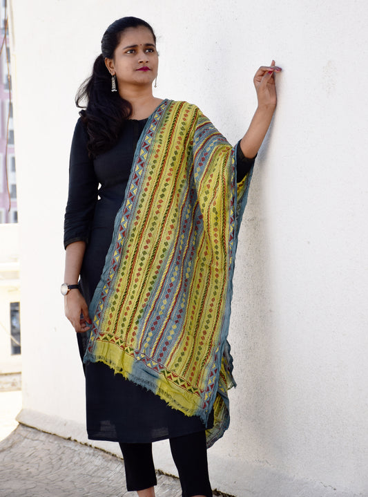 Yellow Kantha Embroidery Silk Stole