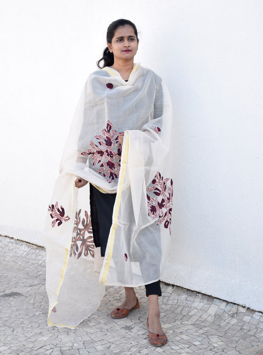 Beige Applique Work Kota Cotton Dupatta