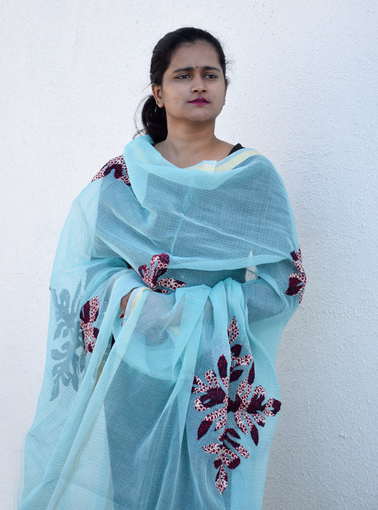 Sky- Blue Applique Work Kota Cotton Dupatta