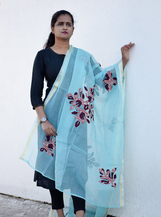 Sky- Blue Applique Work Kota Cotton Dupatta