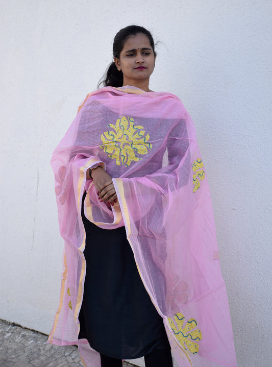 Pink Applique Work Kota Cotton Dupatta