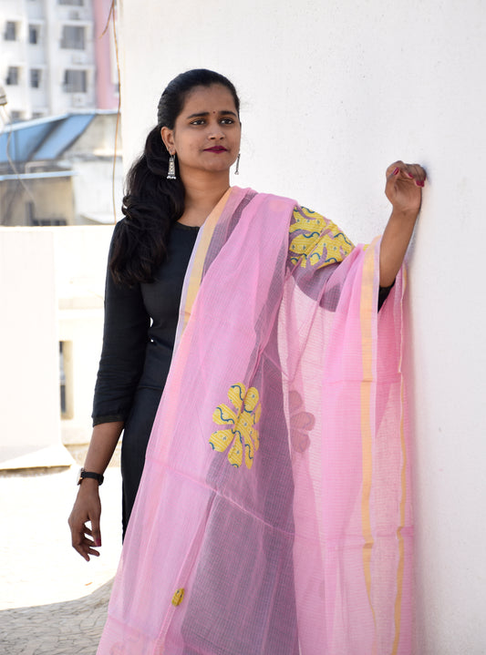 Pink Applique Work Kota Cotton Dupatta