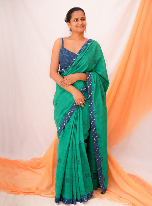 Green south cotton saree with Dabu Print border