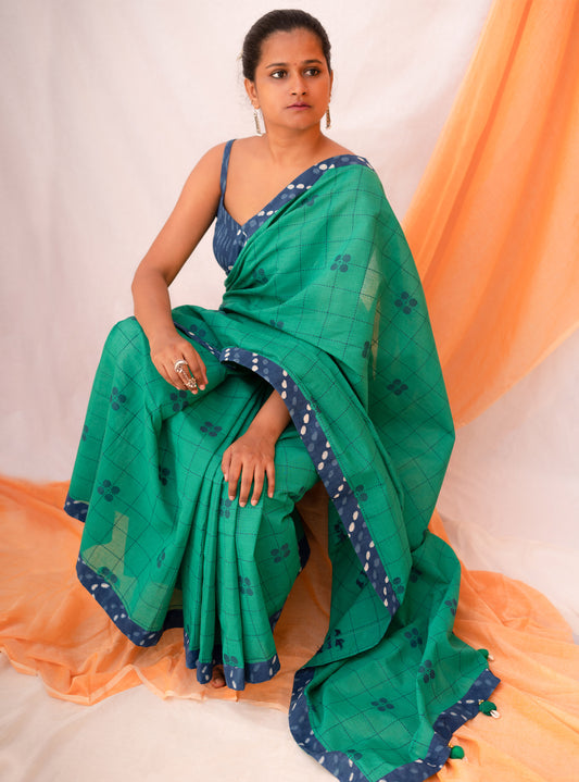 Green south cotton saree with Dabu Print border