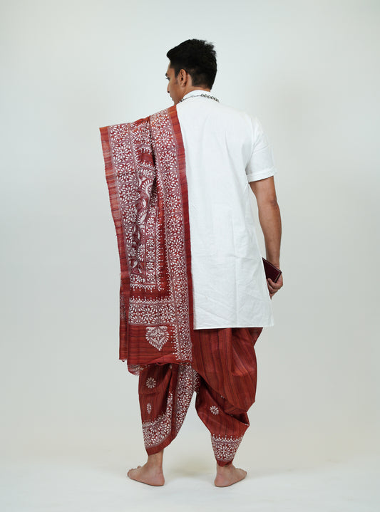 Red Gaechi Tussar silk flower kantha
