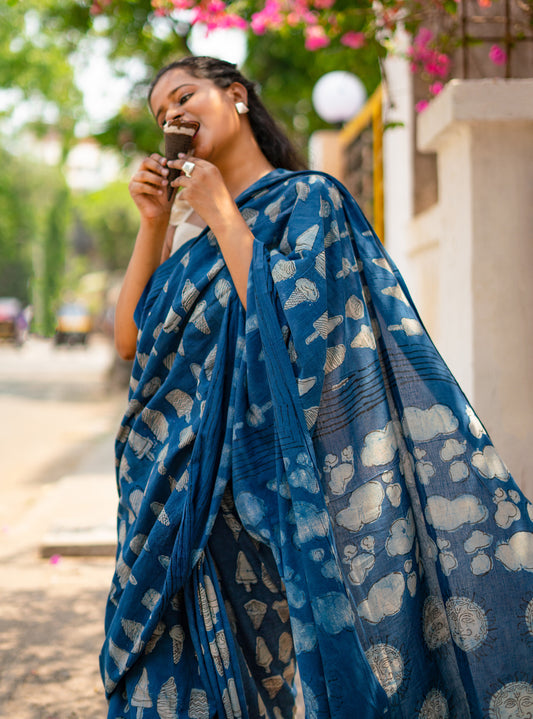 Indigo Natural Dye Dabu Ice-Cream Motif Cotton Saree