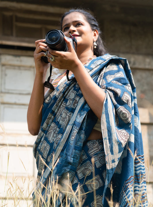 Indigo Natural Dye Dabu Camera Motif Cotton Saree