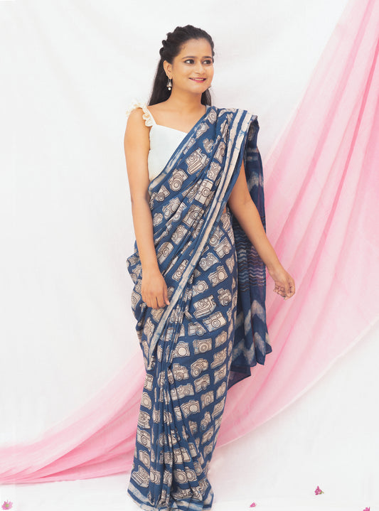 Indigo Natural Dye Dabu Camera Motif Cotton Saree