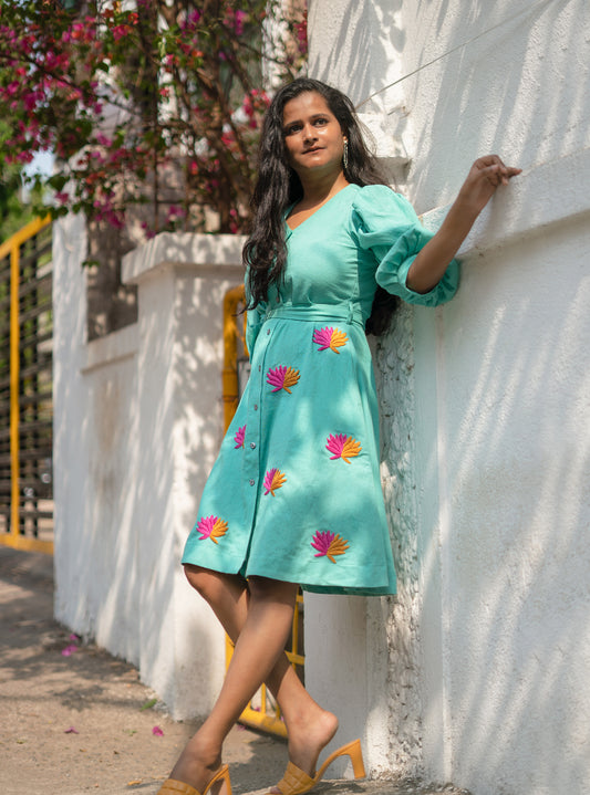 Sea-Green Lotus Hand Embroidered Cotton Dress