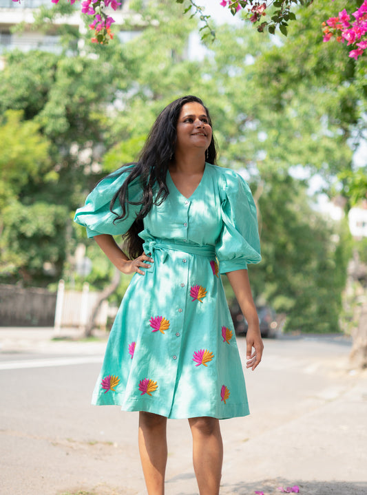 Sea-Green Lotus Hand Embroidered Cotton Dress