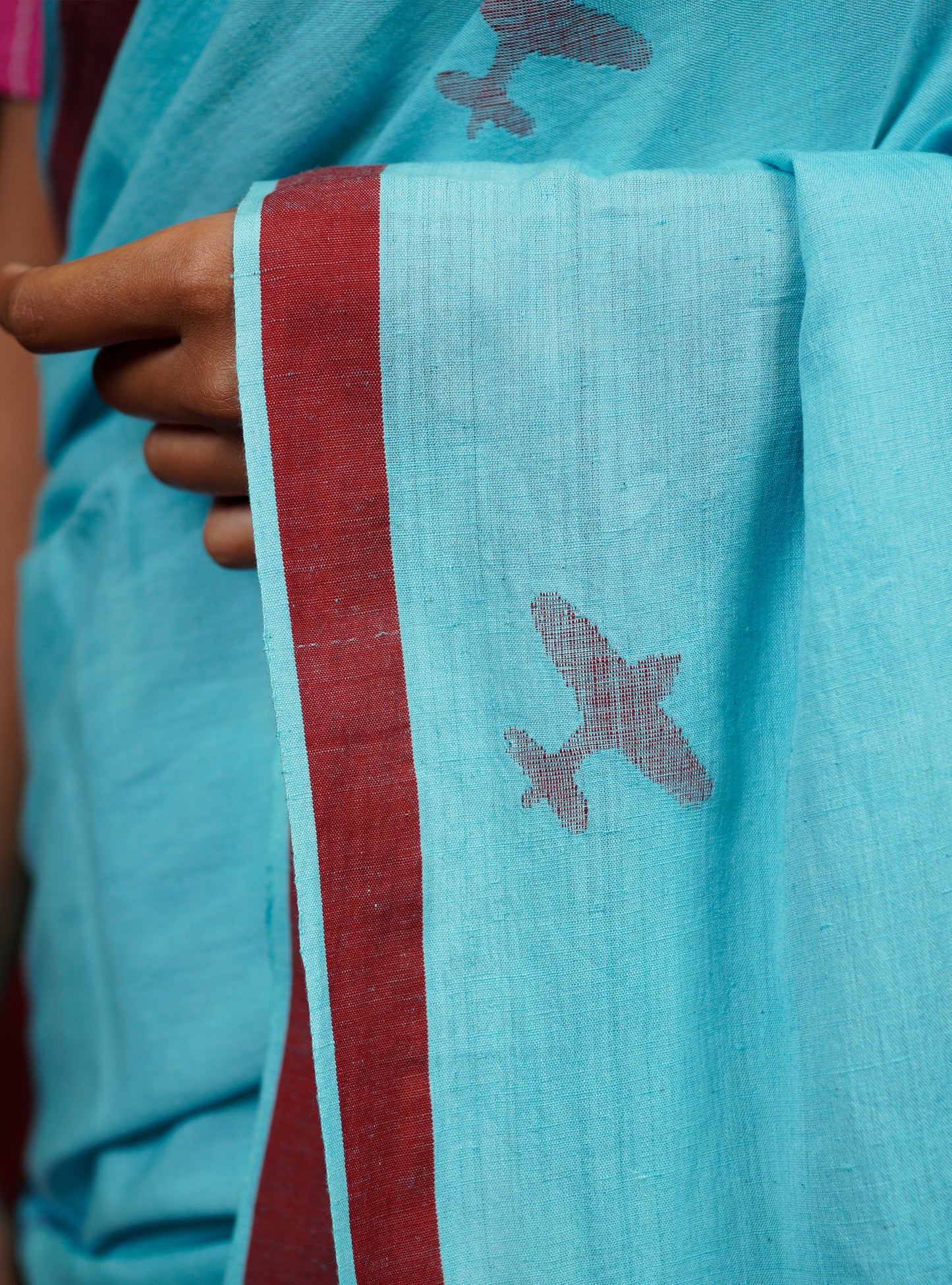 Sky-Blue Aeroplane Jamdani Handspun Cotton Saree