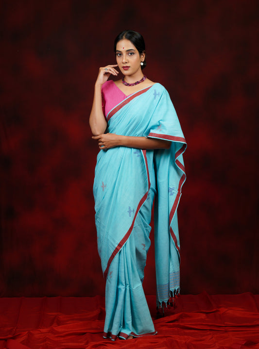 Sky-Blue Aeroplane Jamdani Handspun Cotton Saree