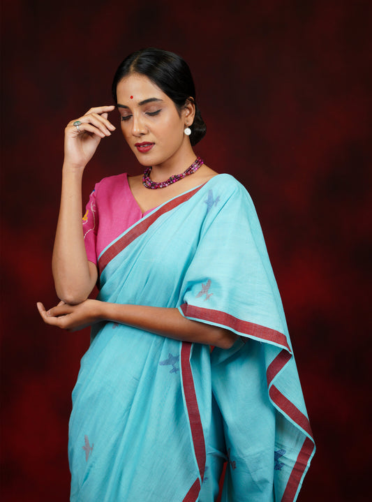 Sky-Blue Aeroplane Jamdani Handspun Cotton Saree