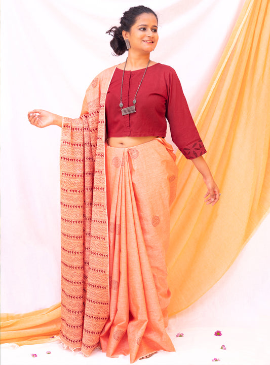 Peach Circle Hand Embroidered Kantha Handloom Cotton Saree