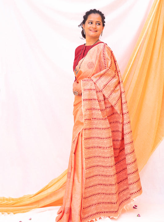 Peach Circle Hand Embroidered Kantha Handloom Cotton Saree