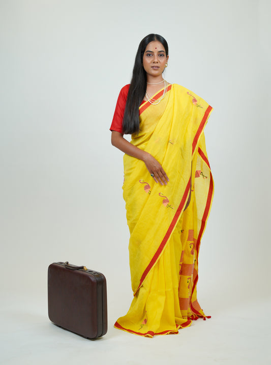 Yellow Flamingo Jamdani Handspun Cotton Saree
