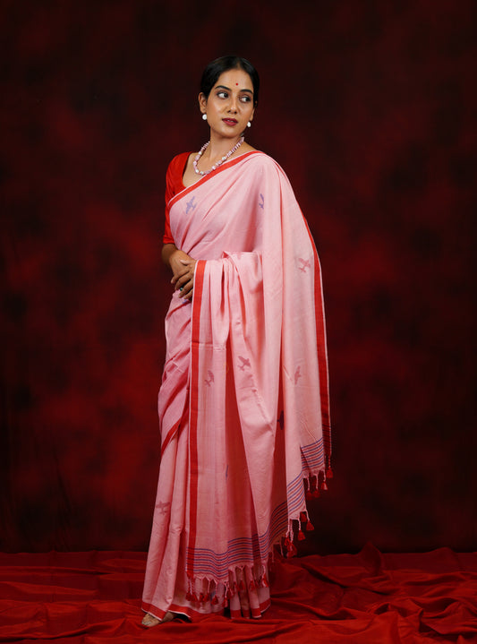 Peach Aeroplane Jamdani Handspun Cotton Saree