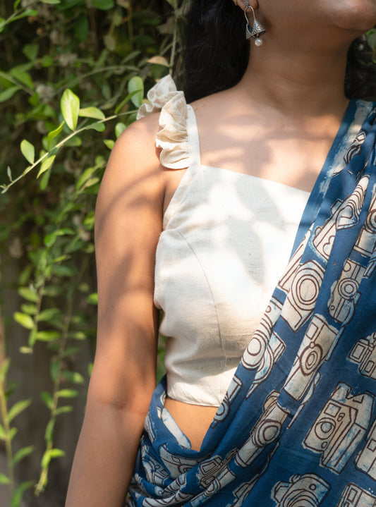 Off White Mirror Embroidery Flex Cotton Blouse - Back