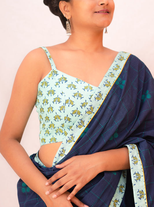 Sea-Green Fish Block Print Strap Cotton Blouse