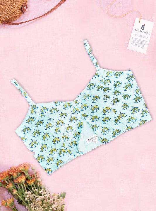 Sea-Green Fish Block Print Strap Cotton Blouse