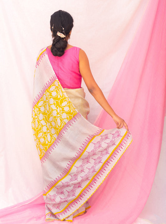 Grey Chevron | Lotus Wood Block Print Murshidabad Silk Saree
