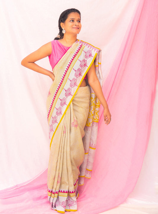 Grey Chevron | Lotus Wood Block Print Murshidabad Silk Saree