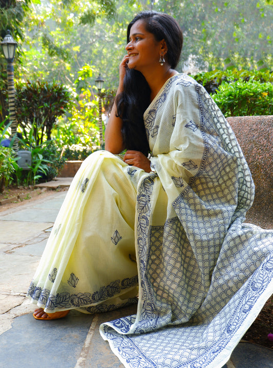 Yellow - Navy blue Chikankari Kota Cotton Saree