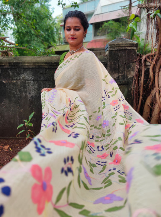 Beige Phool Patti Kota cotton saree