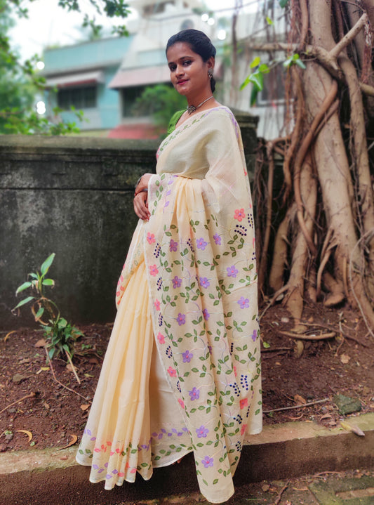 Beige Phool Patti Kota cotton saree