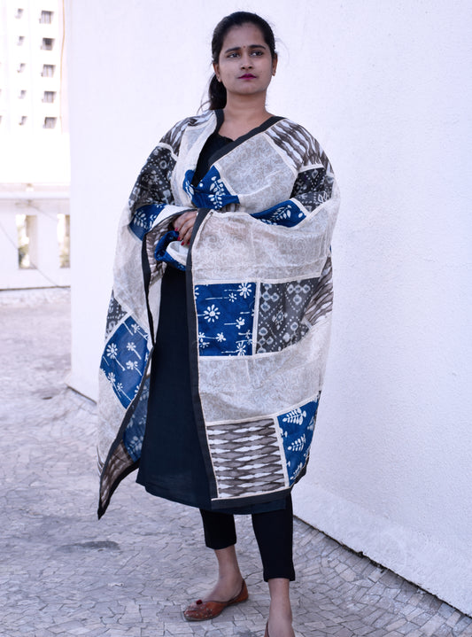 Beige Patch-work Dabu print Cotton-Silk Dupatta