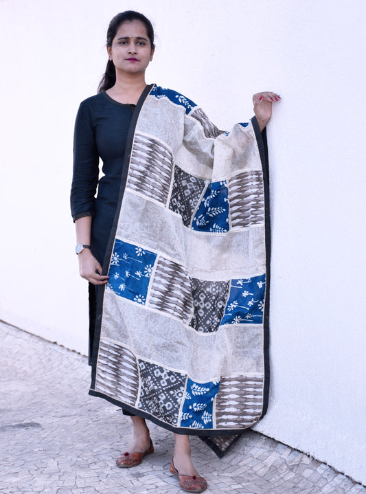 Beige Patch-work Dabu print Cotton-Silk Dupatta