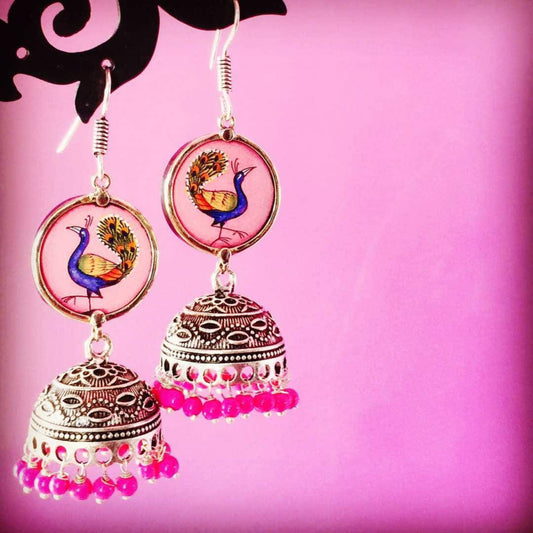 German Silver handpainted Jhumka - Pink