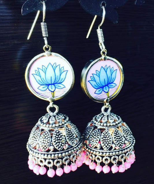 Pink - handpainted german silver jhumka