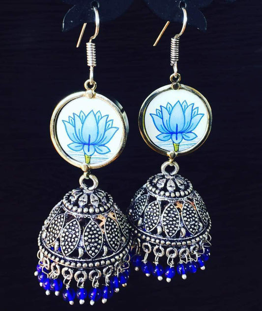 blue - handpainted german silver jhumka