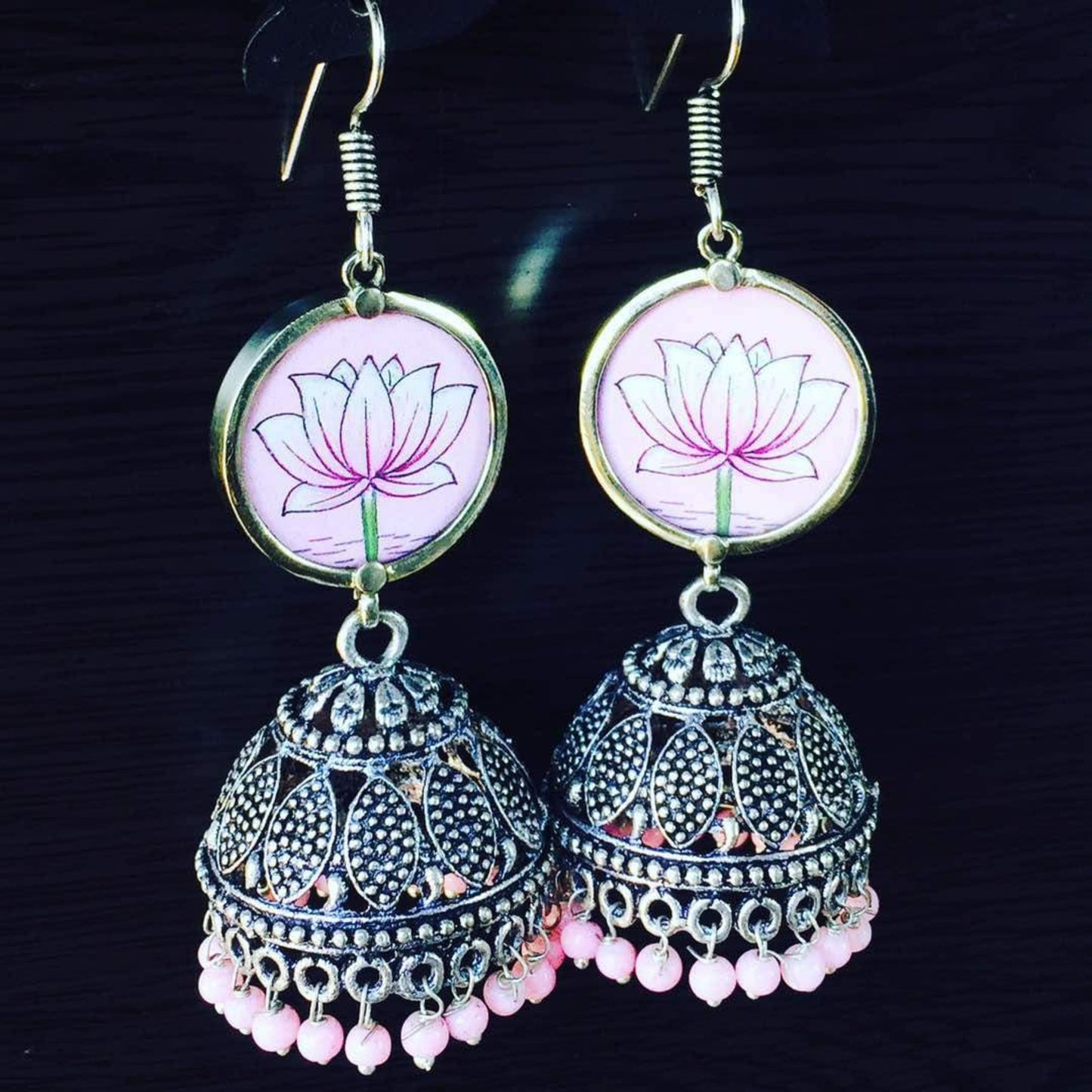 Pink - Handpainted german silver jhumka