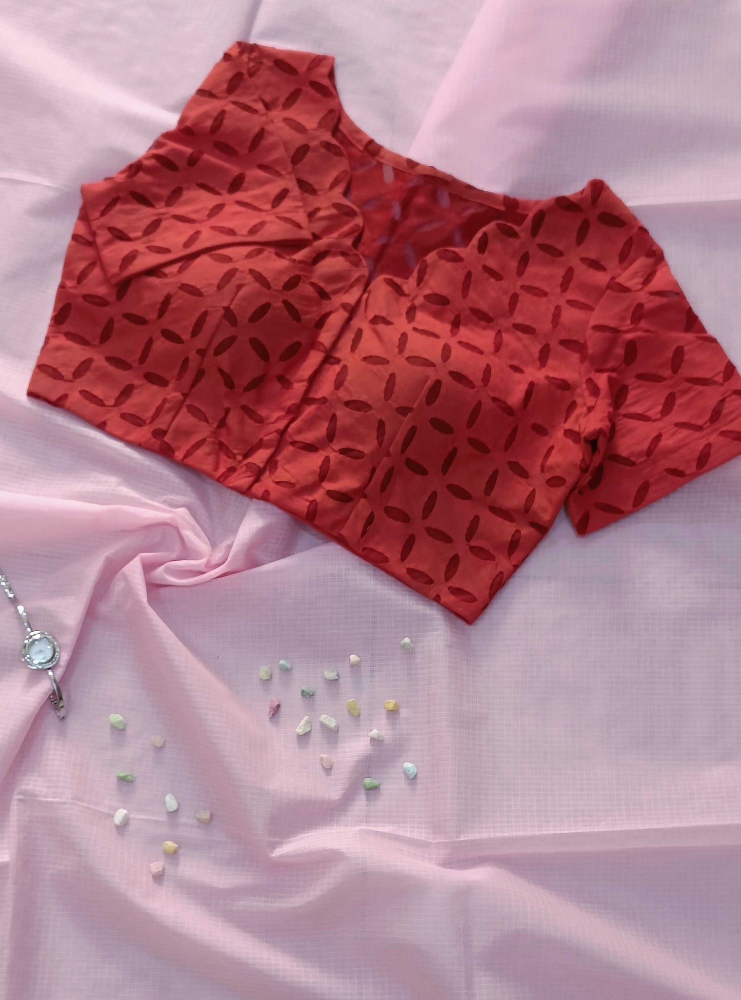 Red Reverse Applique Cotton Blouse