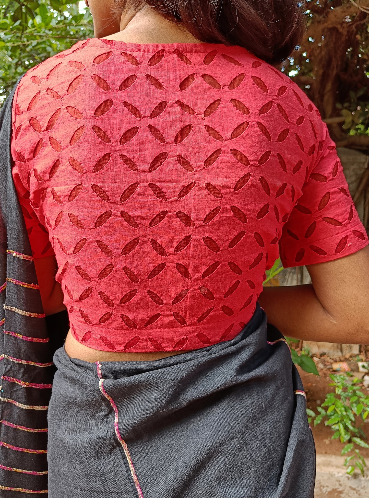 Red Reverse Applique Cotton Blouse