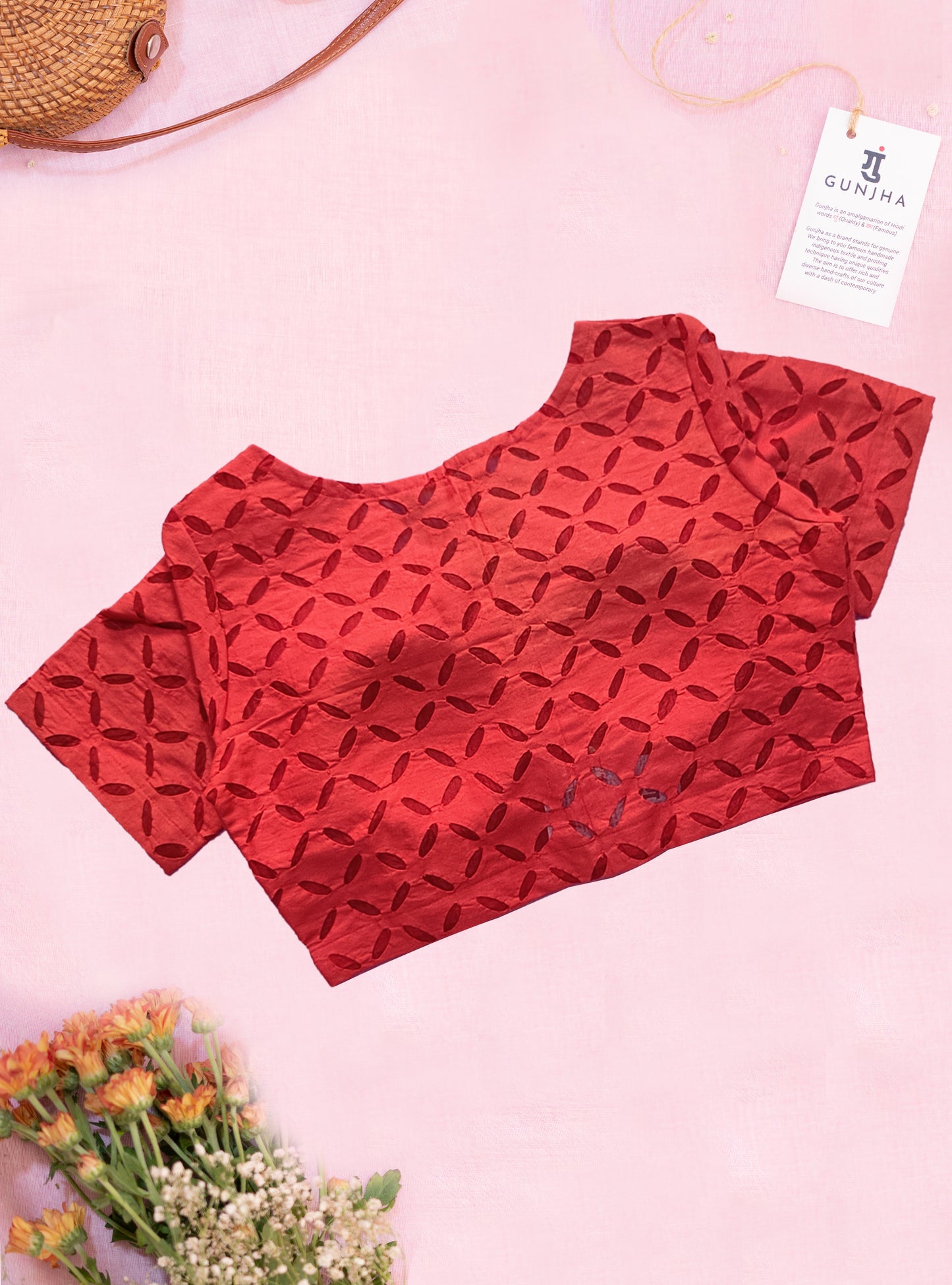 Red Reverse Applique Cotton Blouse