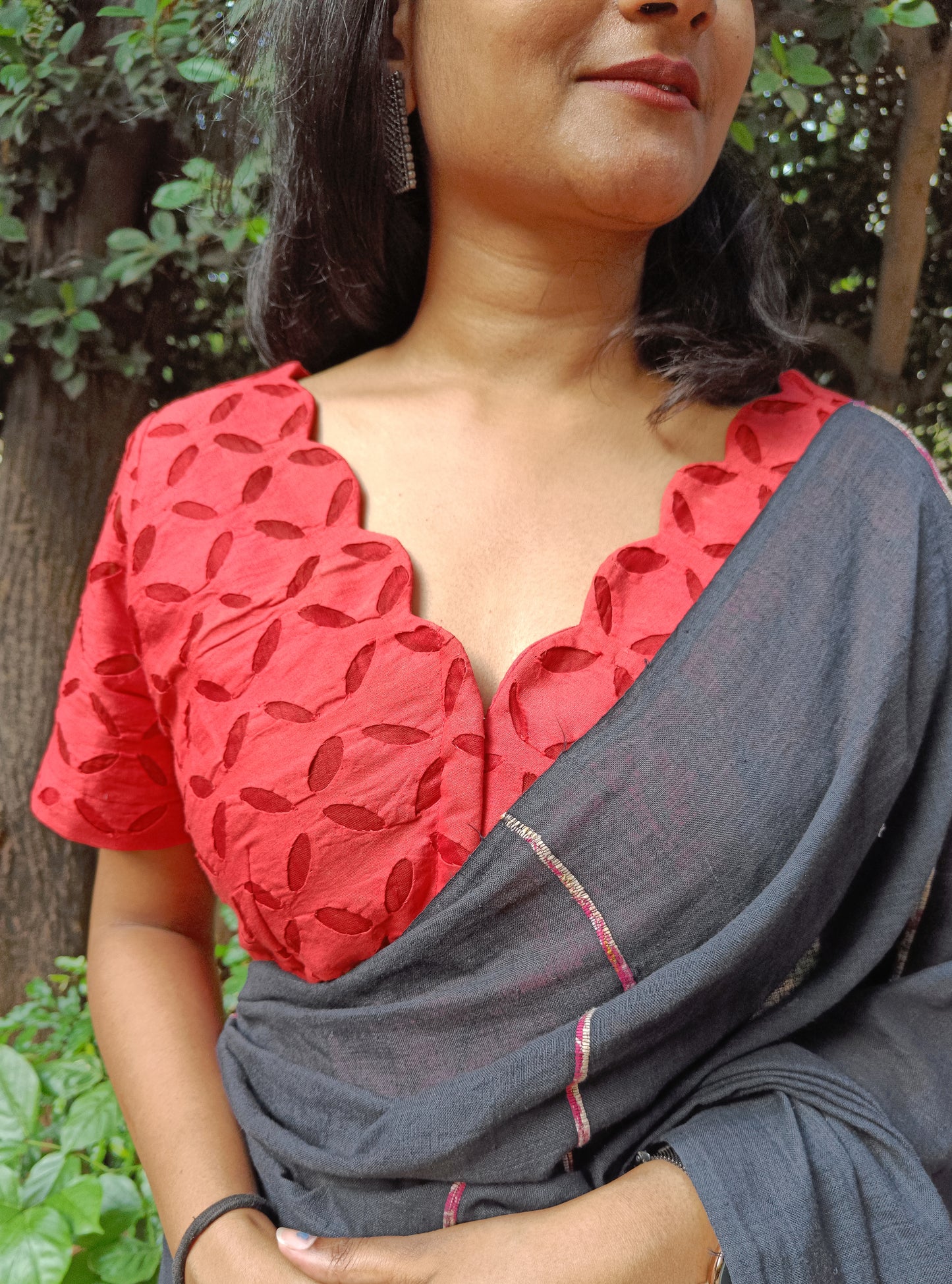 Red Reverse Applique Cotton Blouse