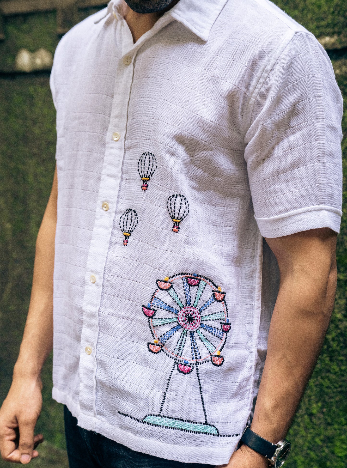White Hand Embroidered Ferris Wheel Motif Shirt