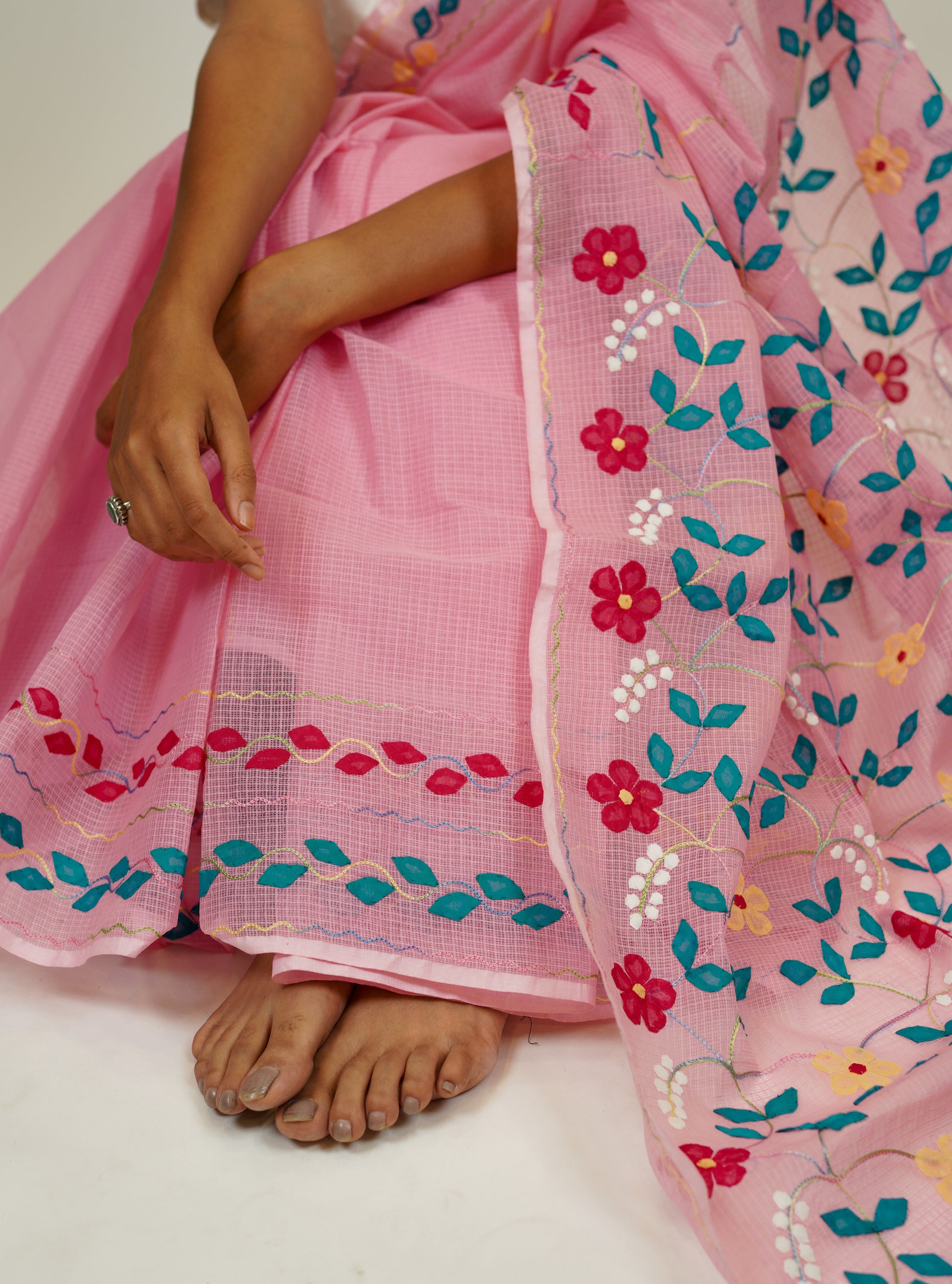 Baby Pink Phool Patti Kota cotton saree